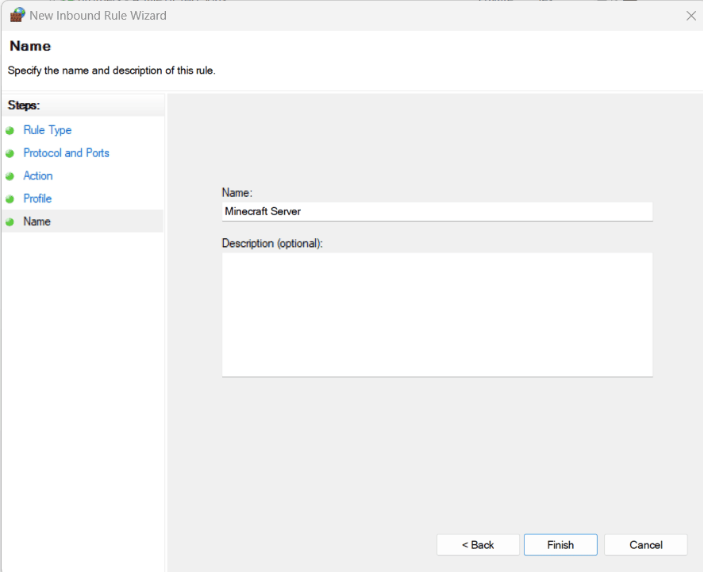 Adding a name to a new inbound rule in the Window Defender Firewall setting