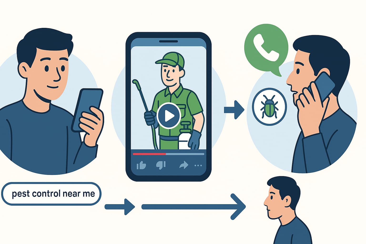 Digital marketing customer journey showing how potential customers find pest control services through online search and video content.