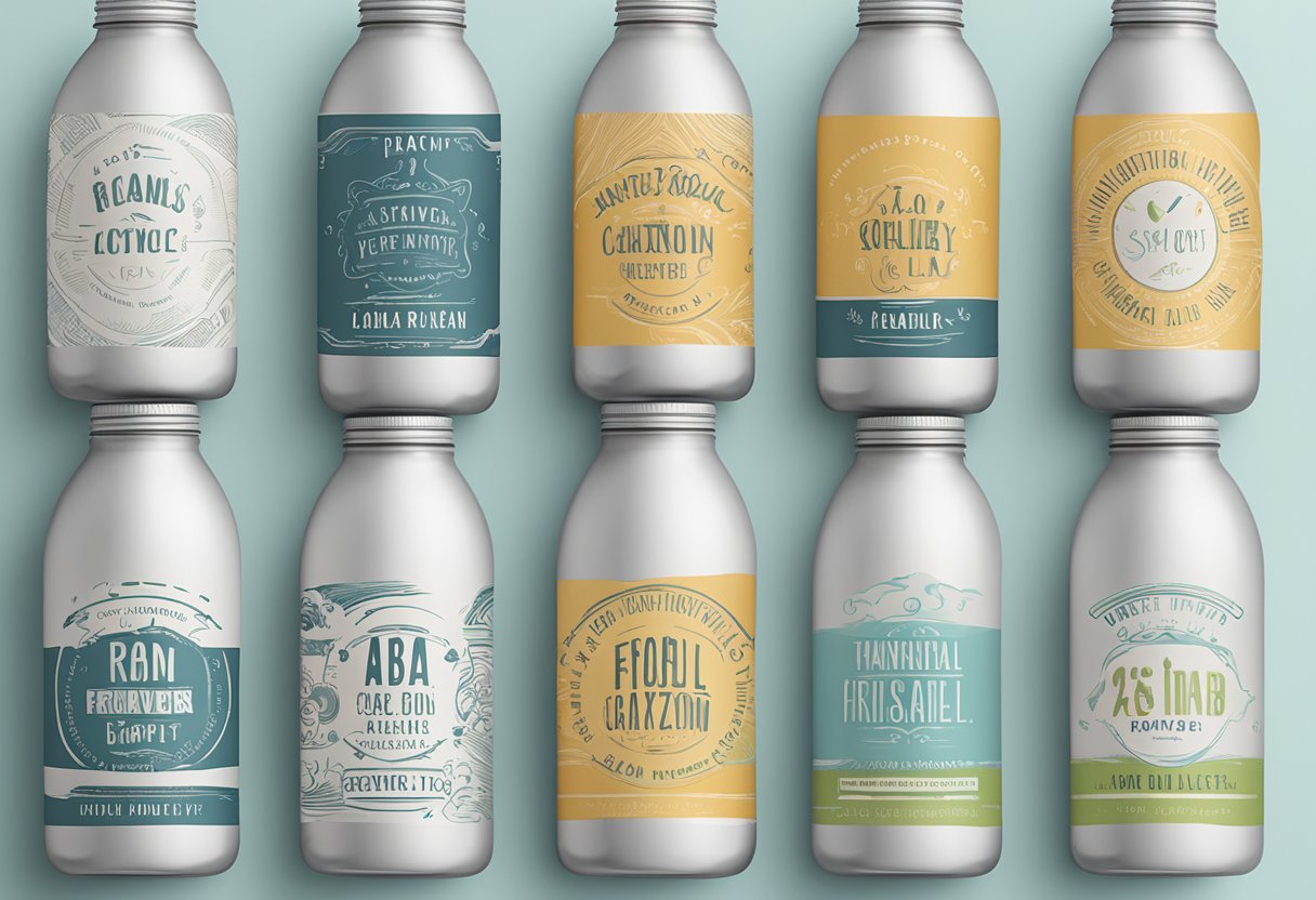 A hand hovers over a variety of font options, each displayed on water bottle labels, with a thoughtful expression