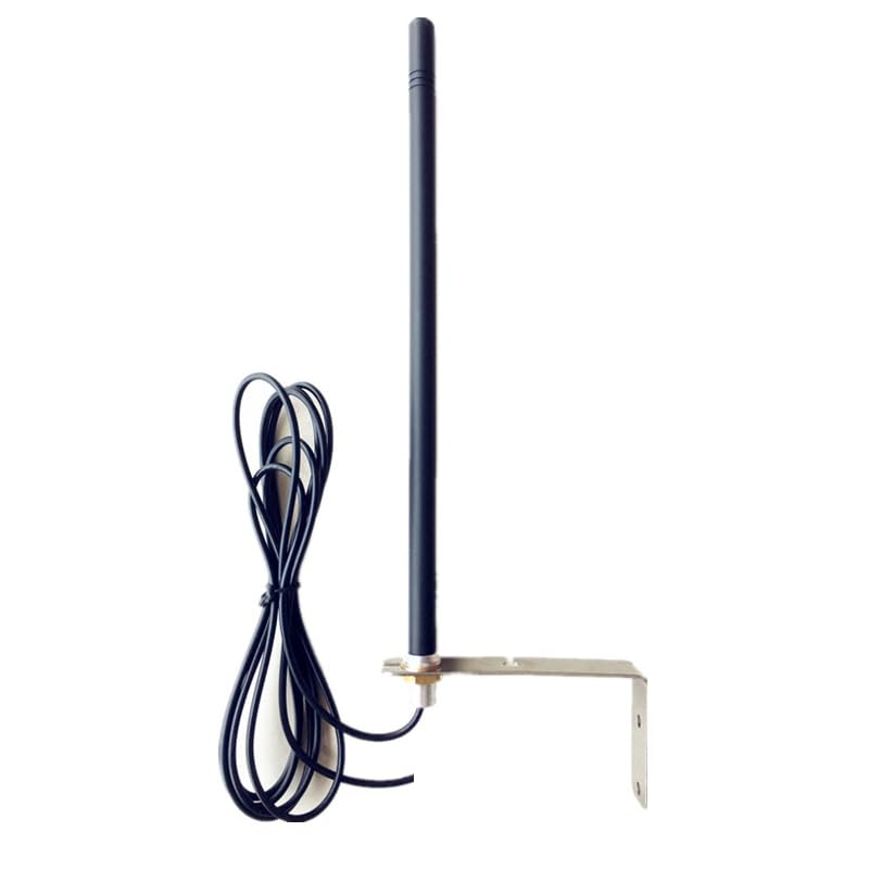 A black external antenna with a long cable and a metal mounting bracket, designed for boosting signal reception for devices such as routers or communication systems