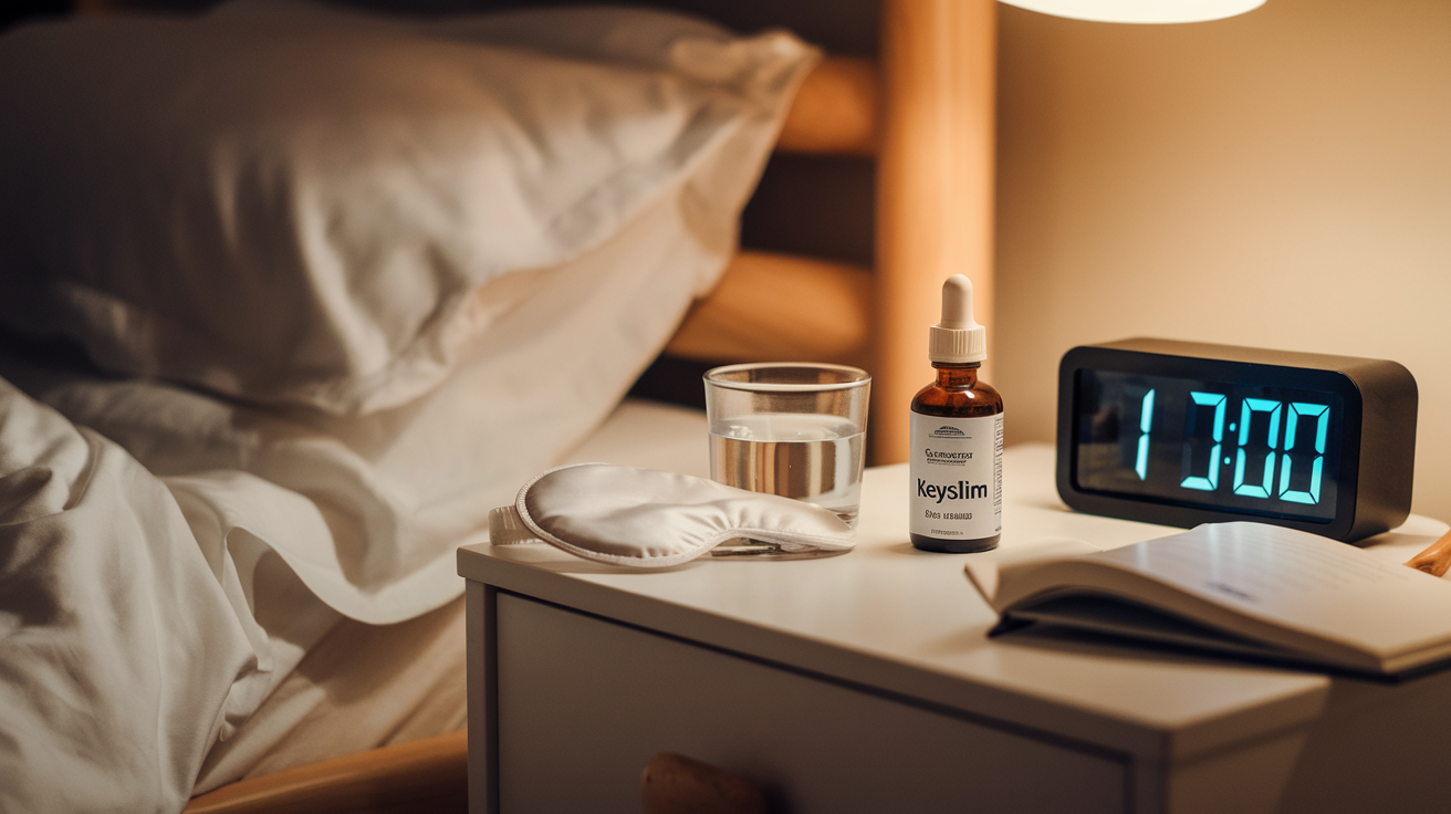 Create a realistic image of a peaceful bedroom scene with a bottle of KeySlim Drops on a nightstand, beside a glass of water and a small clock showing 11:00 PM, soft warm lighting creating a calm atmosphere, with rumpled but neat bedding suggesting comfort and relaxation, and perhaps a sleep mask or book nearby to emphasize the sleep-promoting benefits.