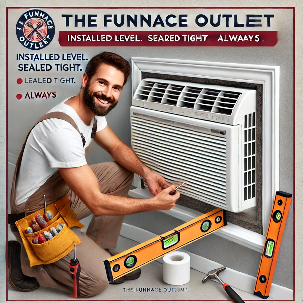 Technician with assistant installing window AC unit using L-brackets and foam, showing slight tilt for drainage—features The Furnace Outlet logo and phrase “Installed Level. Sealed Tight. Always