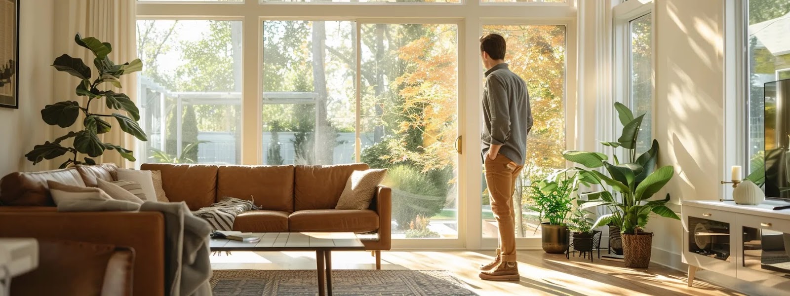 a focused scene of a professional home inspector examining a well-lit, renovated living room, with bright natural light streaming through large windows, highlighting the inspector's careful assessment of the home's features and quality.