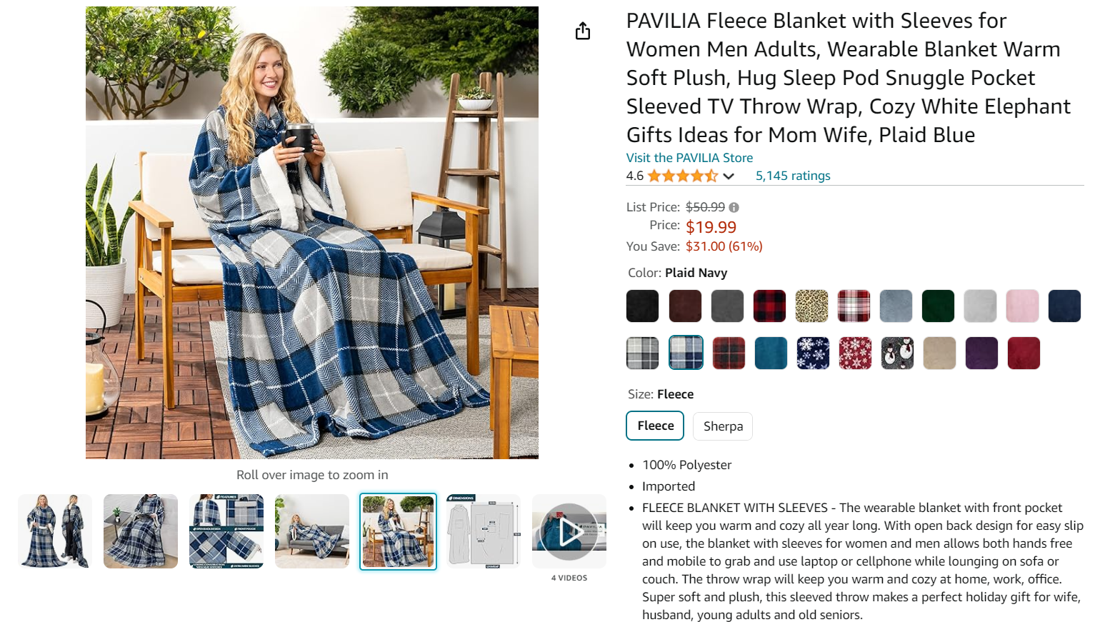 An amazon product page of a fleece blanket with sleeves showing different colours and pictures 