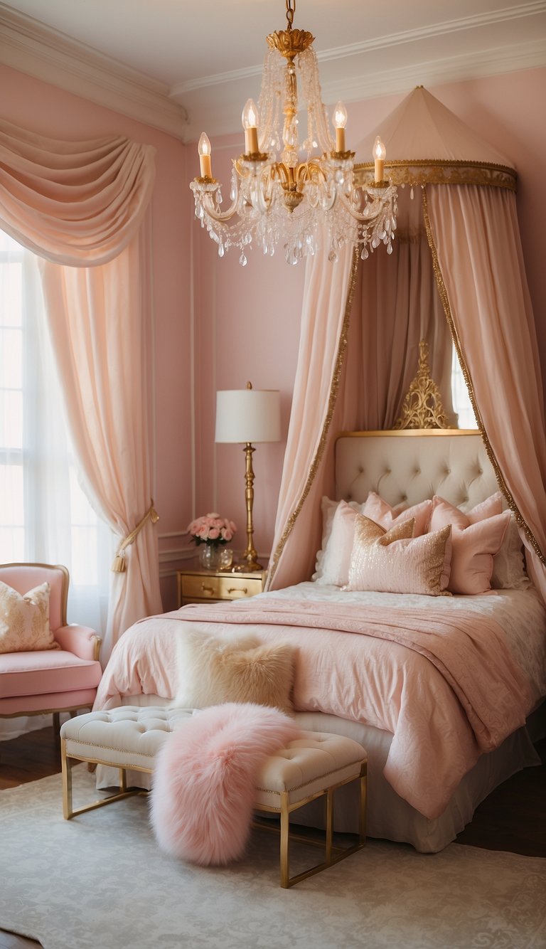 A princess bedroom with pastel pink walls, gold accents, and a canopy bed adorned with sheer curtains and fluffy pillows. A sparkling chandelier hangs from the ceiling, and a regal vanity sits in the corner