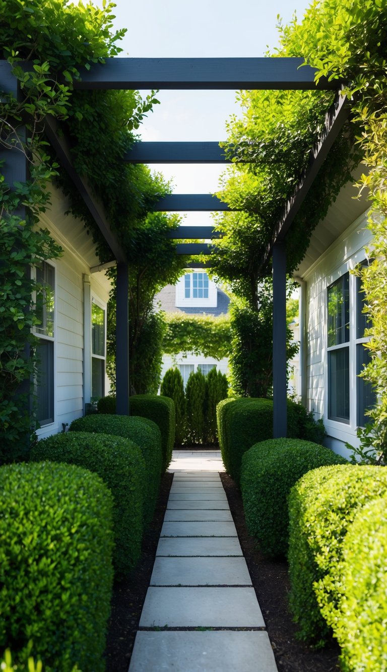 A pergola covered in lush greenery and tall bushes creates a secluded space between two houses, providing privacy and tranquility