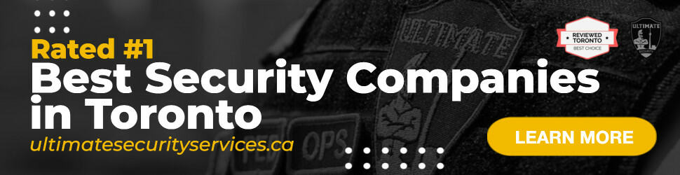 Banner ad reads "Rated #1 Best Security Companies in Toronto" with ultimatesecurityservices.ca and a yellow "Learn More" button on a close-up of a security uniform—ideal for those looking to obtain a security license.