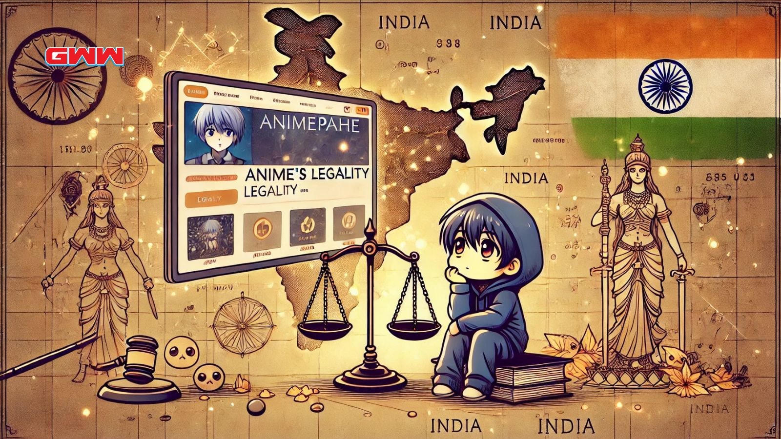 A wide image representing the concept of AnimePahe's legality in India, with a focus on regional perspective.