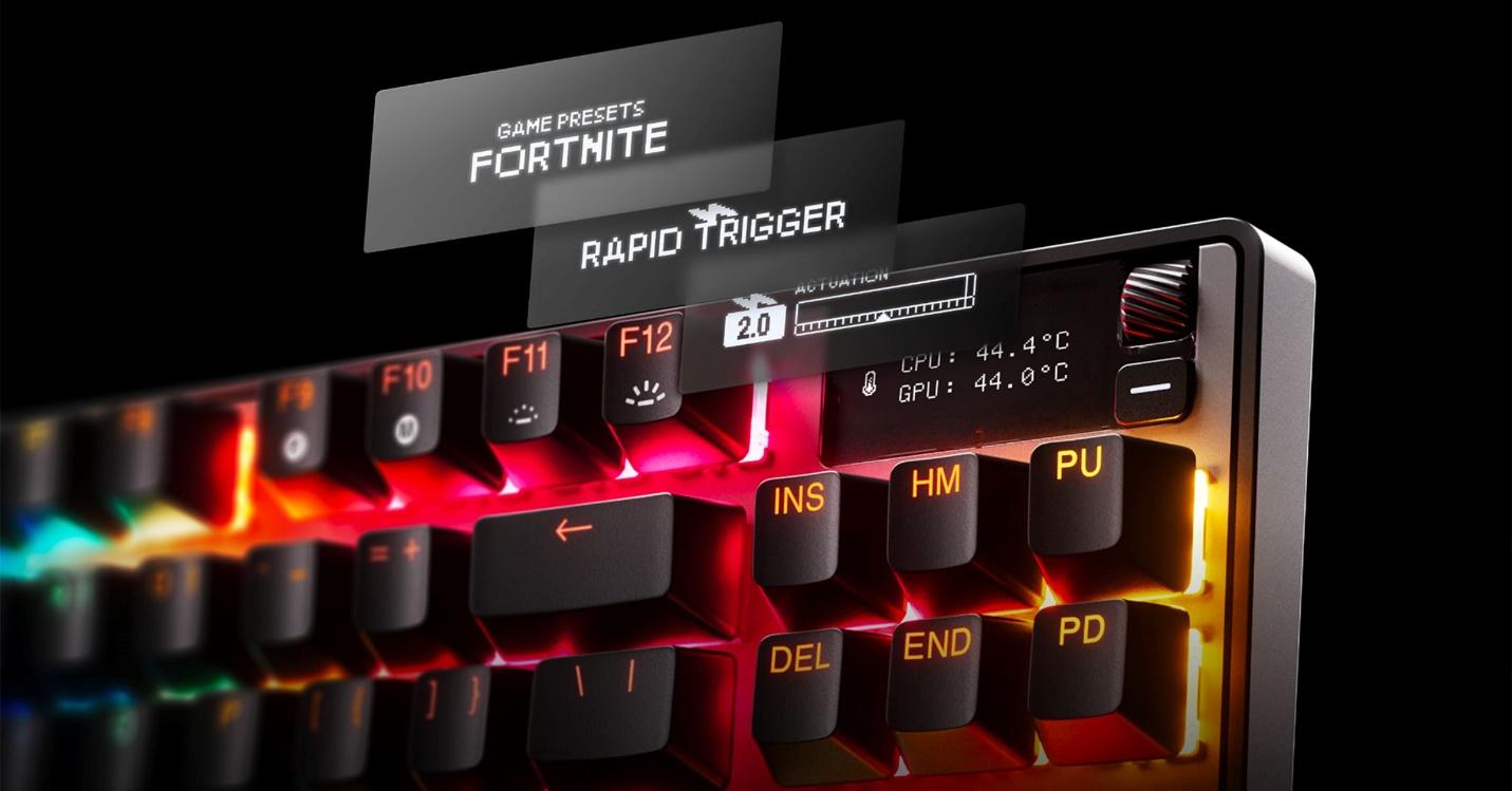 A keyboard with red lights

Description automatically generated