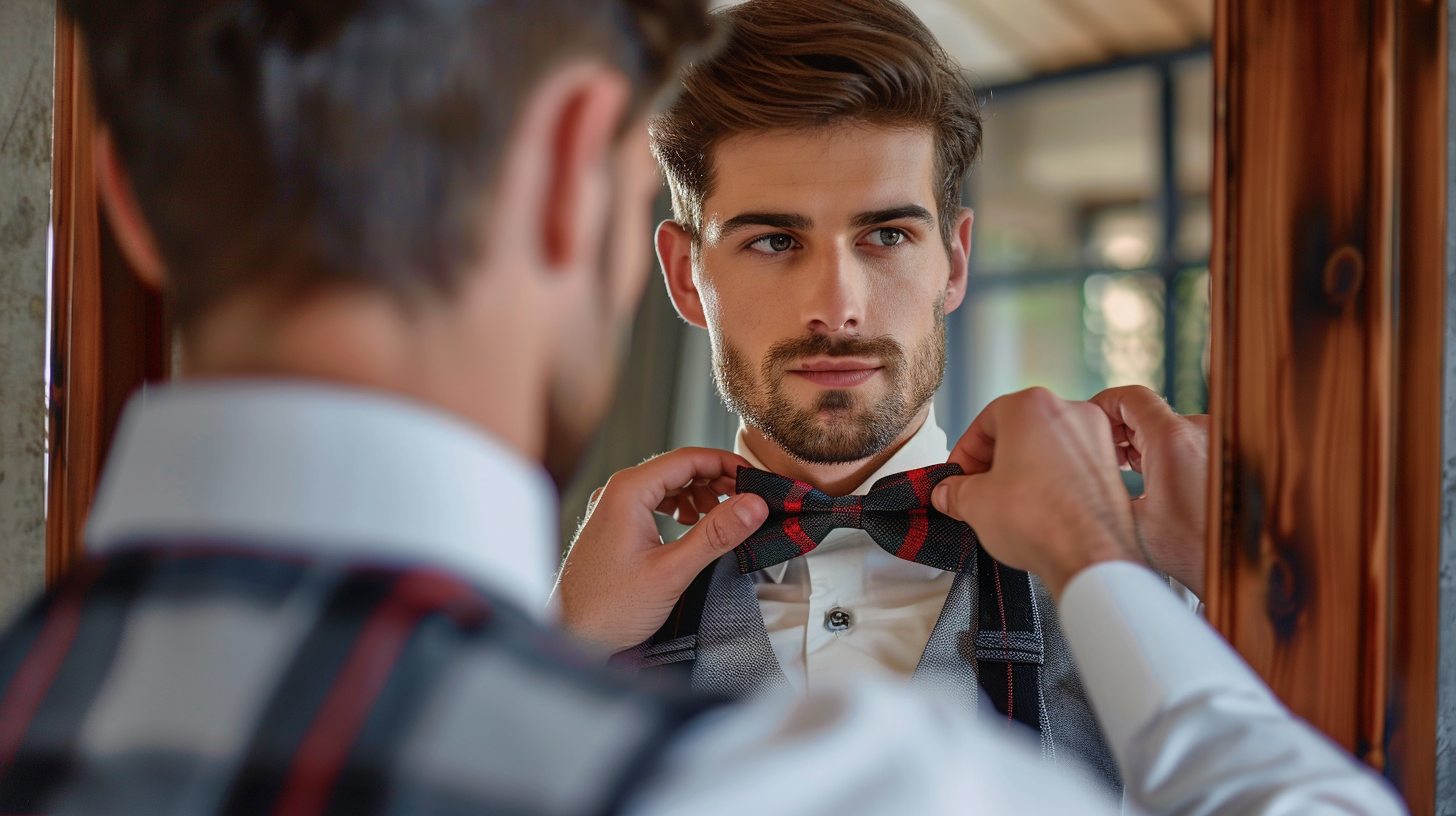 A stylish man standing in front of a mirror learning to tie a bow tie, shown step-by-step: adjusting collar, wrapping the bow tie, forming the bow, tightening the knot modern setting, clean lighting, beginner-friendly, close-up shots of hands tying, focus on self-tie bow tie, confident facial expression, upscale yet relaxed vibe