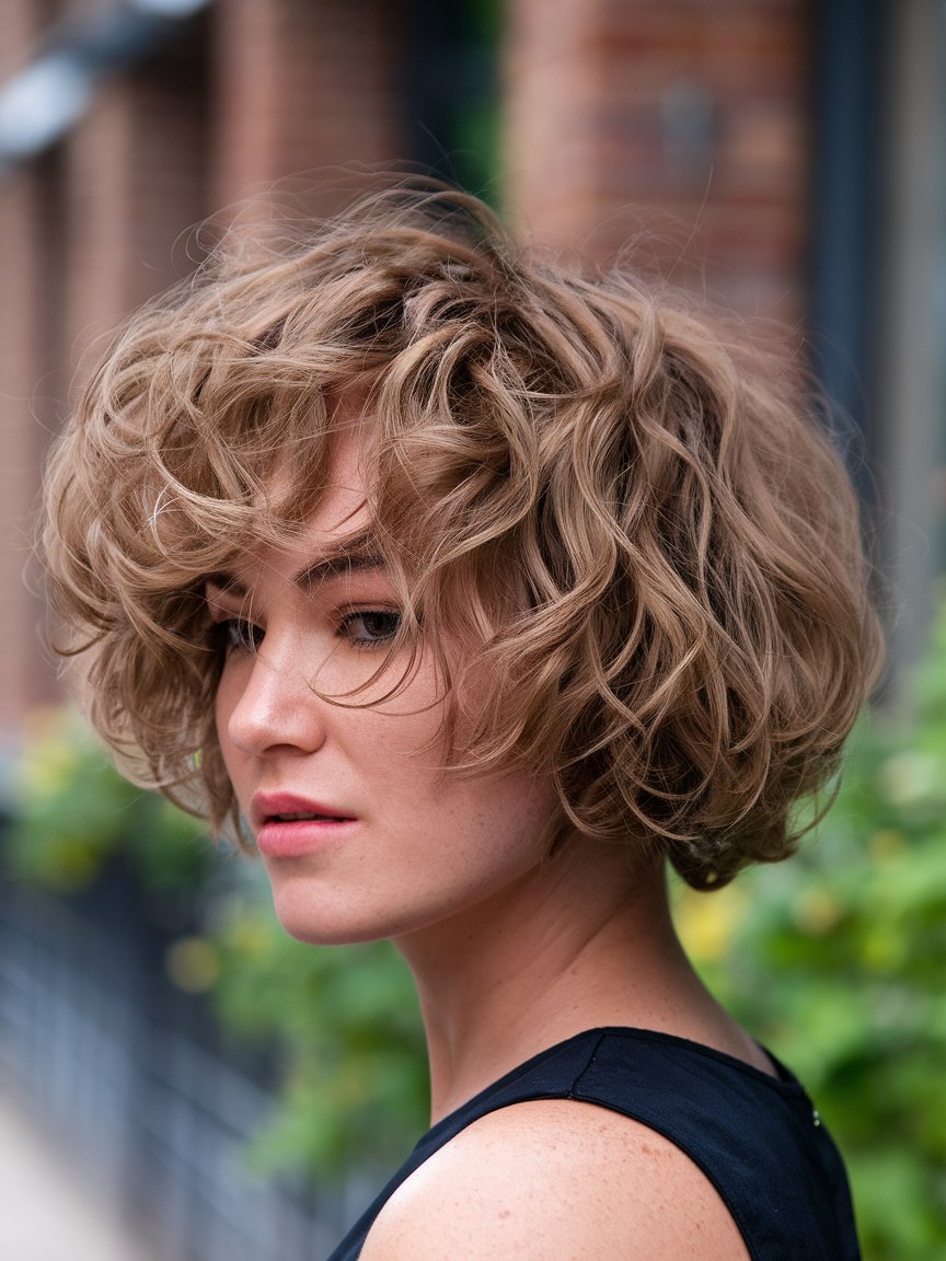 43. Curly Messy Bob With Side Bangs