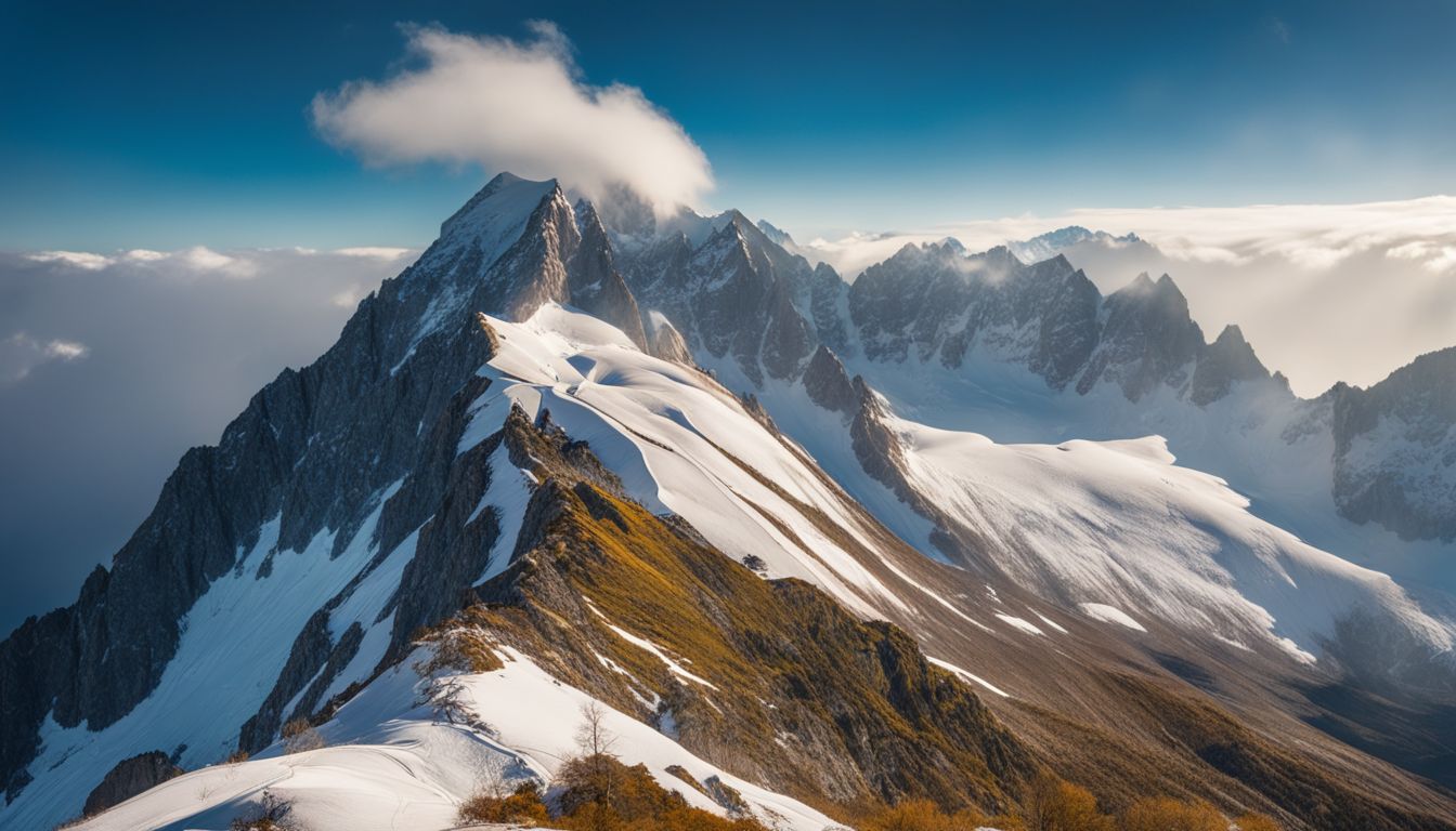 A majestic snow-covered mountain peak with vibrant alpine vegetation.