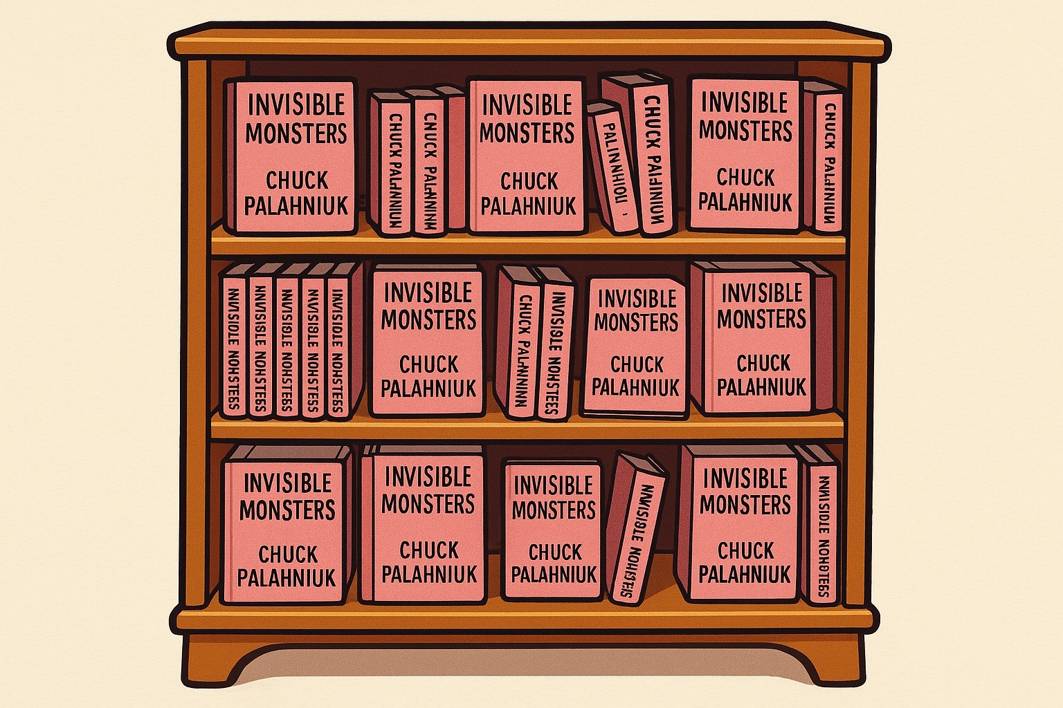 a bookcase full of chuck palahniuk novels
