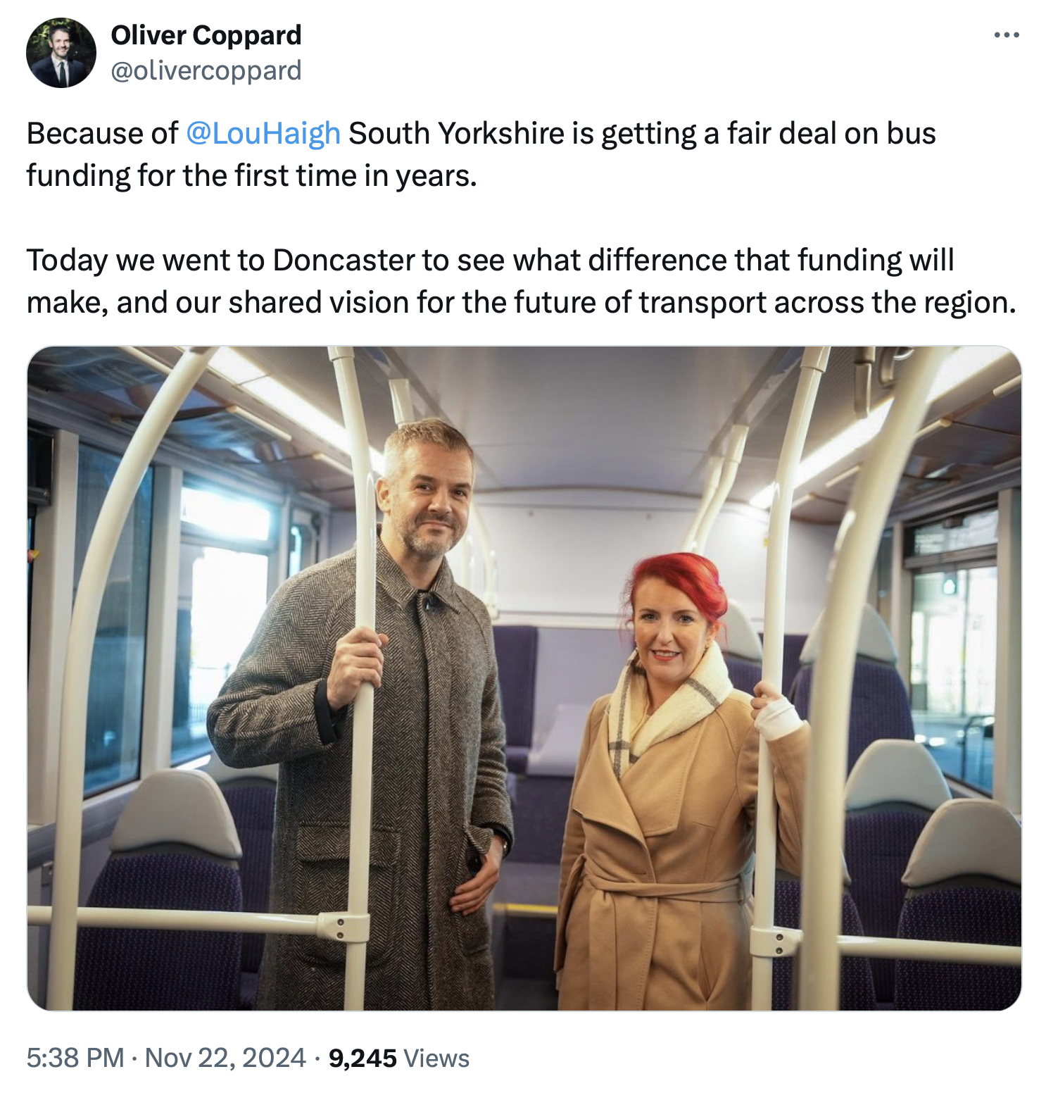 Image of a tweet from South Yorkshire Mayor Oliver Coppard on November 22 2024, that in part says "Because of @LouHaigh South Yorkshire is getting a fair deal on bus funding for the first time in years".