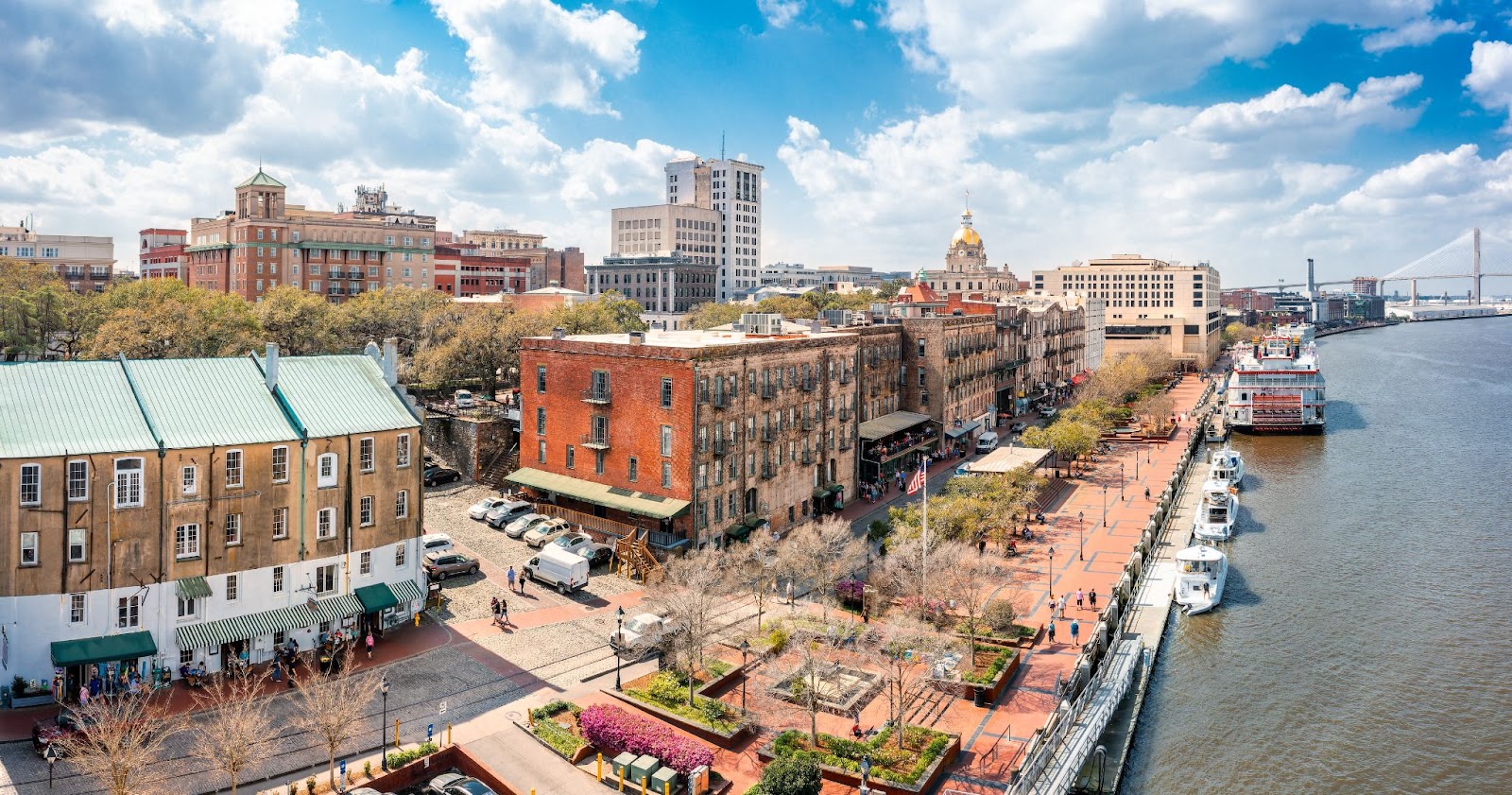 An aerial view of Savannah, Georgie and its waterfront.