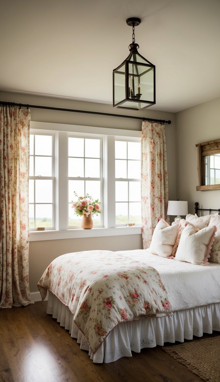 A cozy farmhouse bedroom with cottage style curtains, floral bedding, and rustic decor