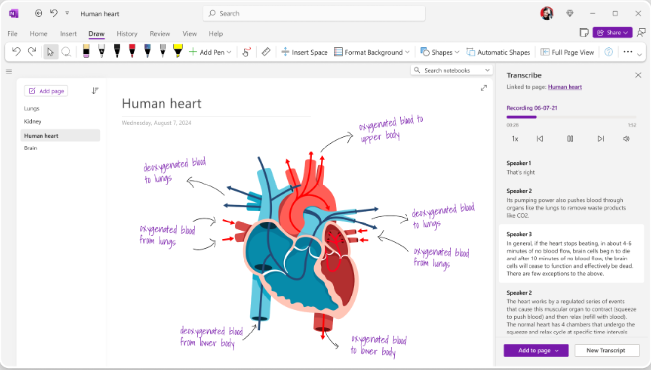 Screenshot of the OneNote interface with a hand-annotated diagram and audio transcription.