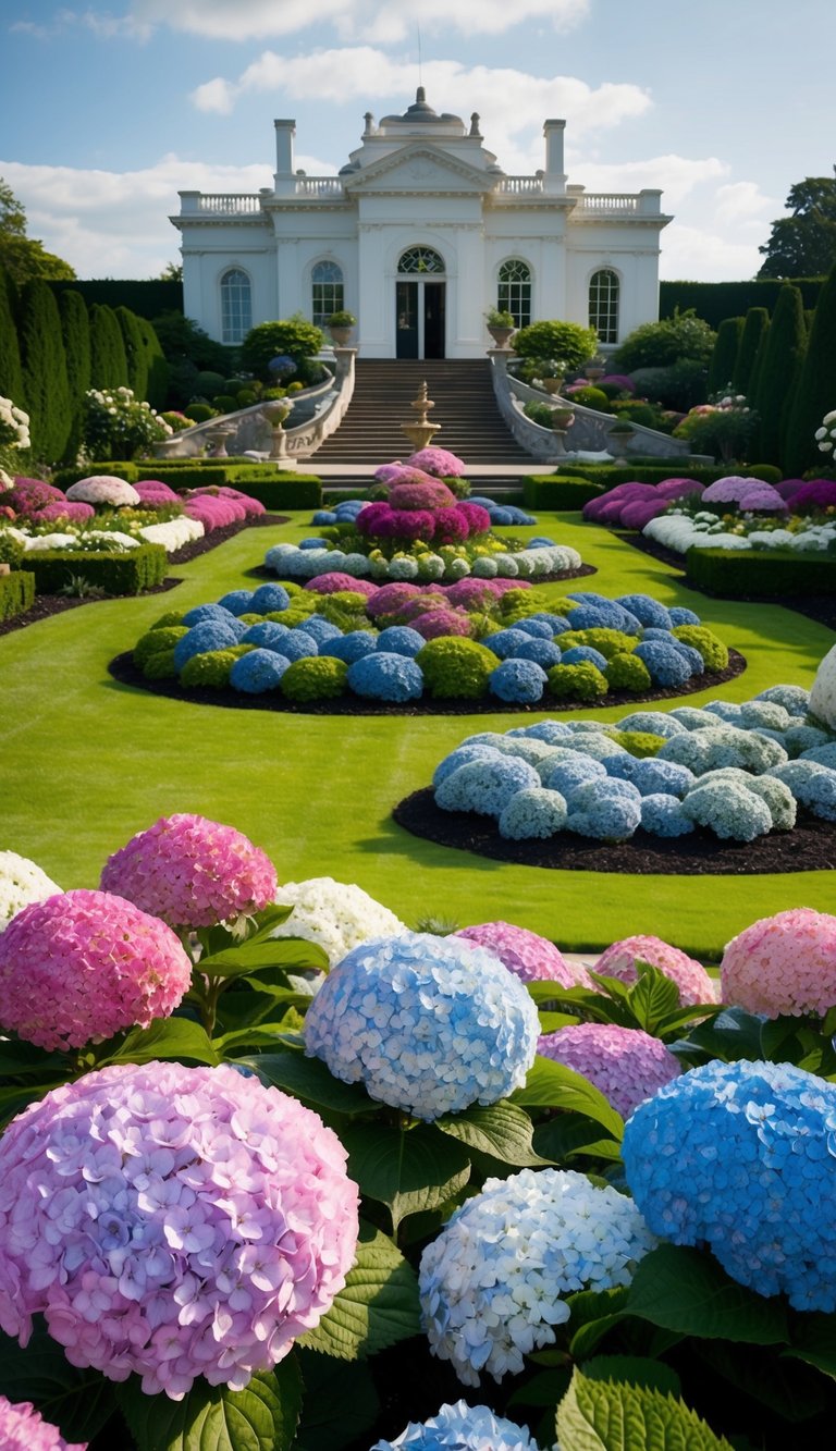 A grand Victorian formal garden with a lush display of hydrangeas in various shades of pink, blue, and white, arranged in elegant landscaping designs