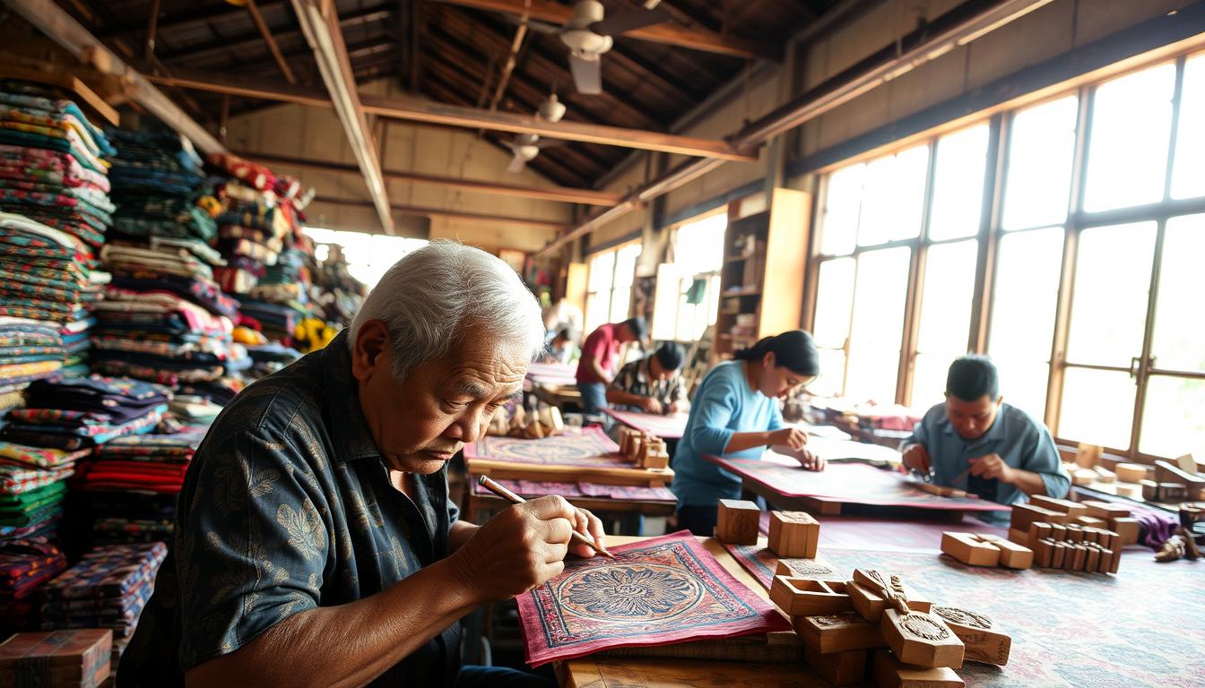 A bustling workshop, batik artisans hunched over intricate designs, their skilled hands guiding wax-tipped tools across vibrant fabrics. Sunlight streams through large windows, casting a warm glow over the scene. Piles of multicolored textiles, dyes, and carved wooden stamps hint at the meticulous process. In the foreground, a master artisan meticulously applies wax to a delicate pattern, brow furrowed in concentration. Around them, apprentices assist, learning the time-honored techniques passed down through generations. The atmosphere is one of quiet focus and deep cultural heritage, capturing the essence of handcrafted batik souvenirs that embody the spirit of Malaysia.