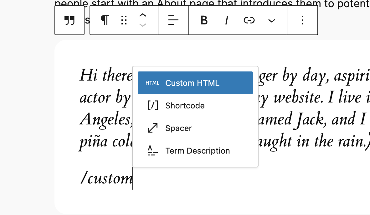 Adding the HTML snippet to the page by inserting a Custom HTML.