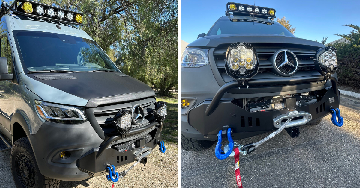 The front of a 4x4 campervan with a winch, cables, and lights 