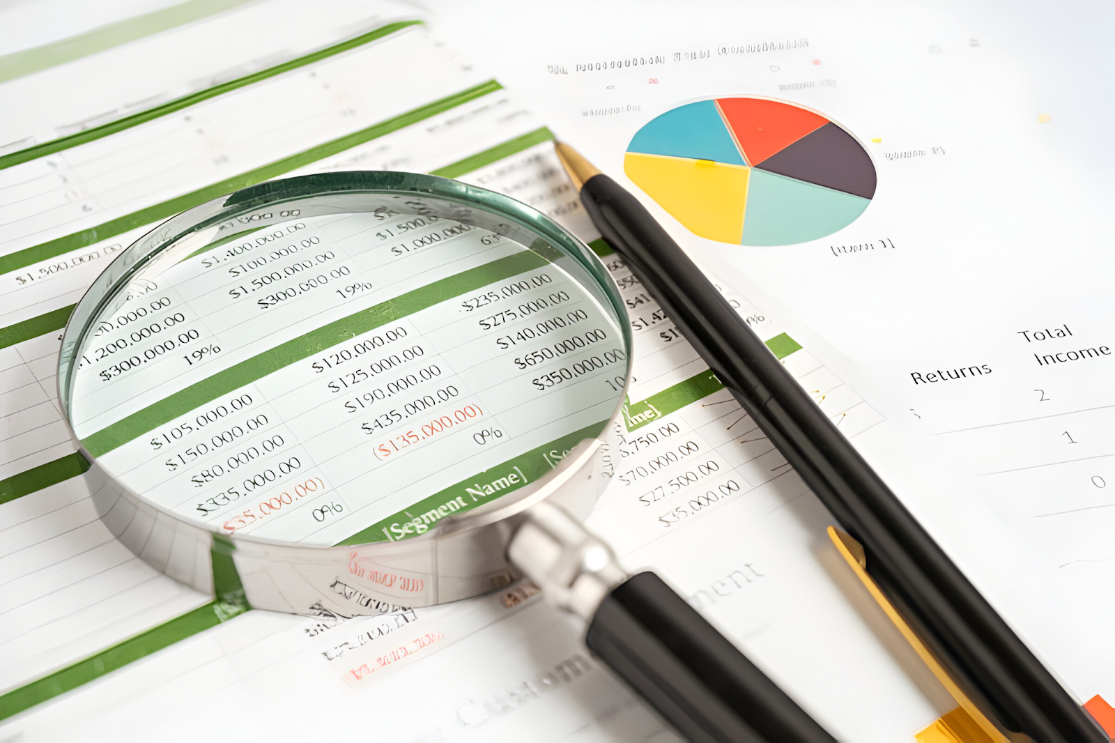 A magnifying glass over financial statements, symbolizing the detailed process of consolidating financial data for a unified future after a merger.