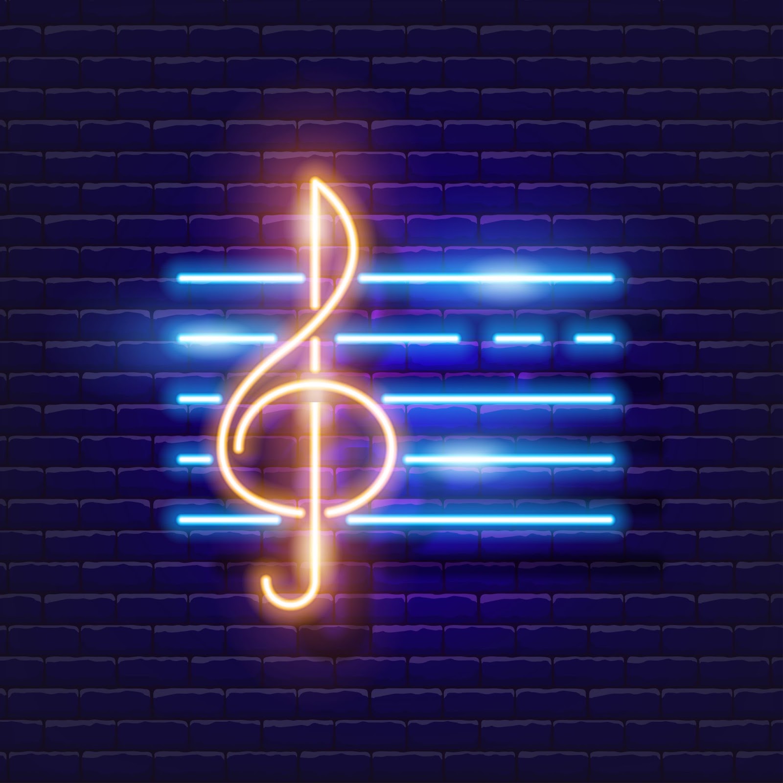 (A neon treble clef sign glows in yellow against a background of blue neon music staff lines on a dark brick wall, perfect for setting the stage of a Name That Tune game.)