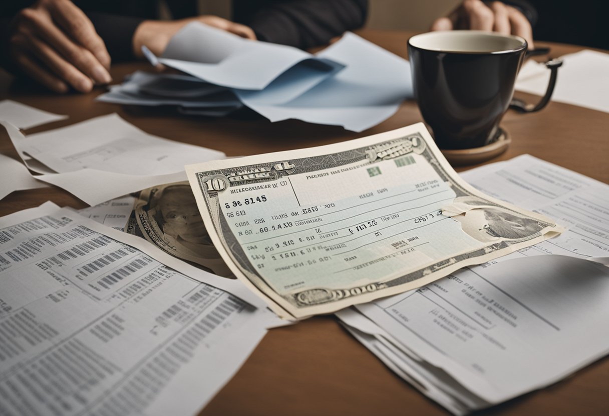 A torn check lies on a desk, surrounded by scattered papers and a concerned expression on a person's face