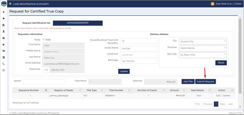 Check land title online by filling out fields on the Request for Certified True Copy page (3)