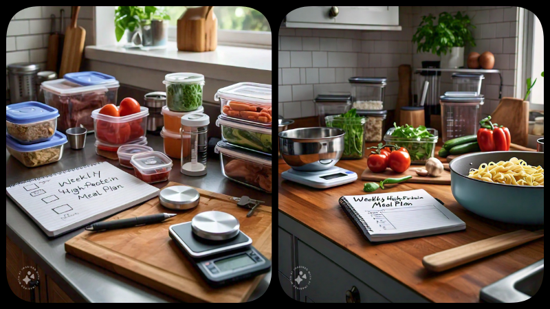 A kitchen setup for meal prepping with containers, a digital scale, measuring cups, and a notebook titled "Weekly High-Protein Meal Plan" on a clean countertop.