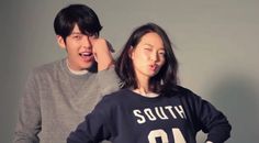 This contains an image of: Kim Woo Bin and Shin Min Ah wearing a navy blue and ash hoodie