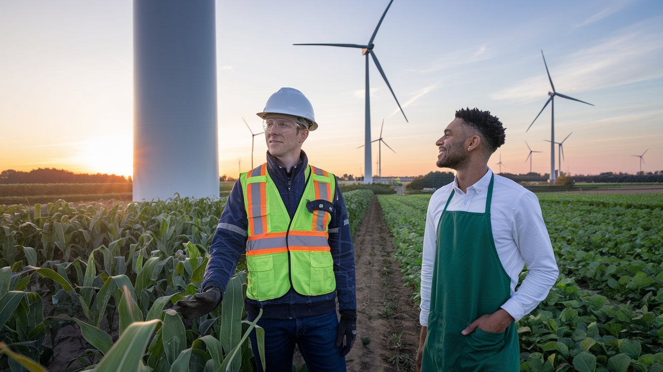 People working in green tech fields, such as renewable energy engineers and sustainable agriculture specialists.