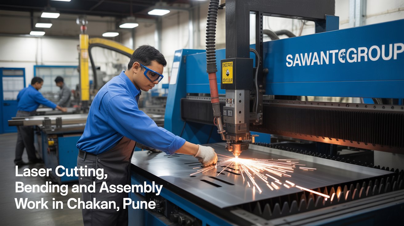 Skilled worker using laser cutting machine for metal fabrication at SawantGroup in Chakan, Pune