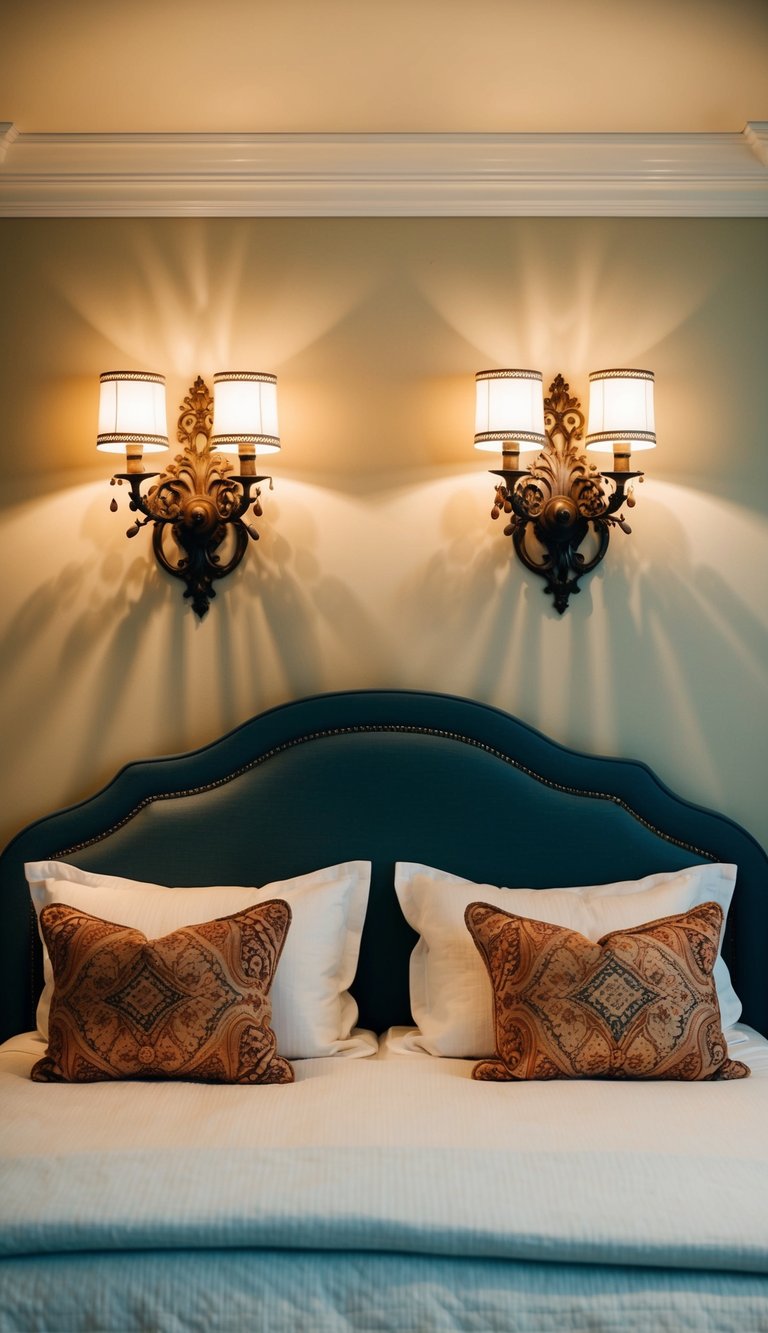 A cozy master bedroom with two ornate wall sconces casting a warm, romantic glow on the elegant decor