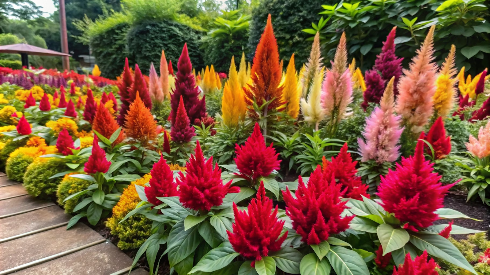 Jardim com Tipos de Celosia argentea: cristata, plumosa e spicata