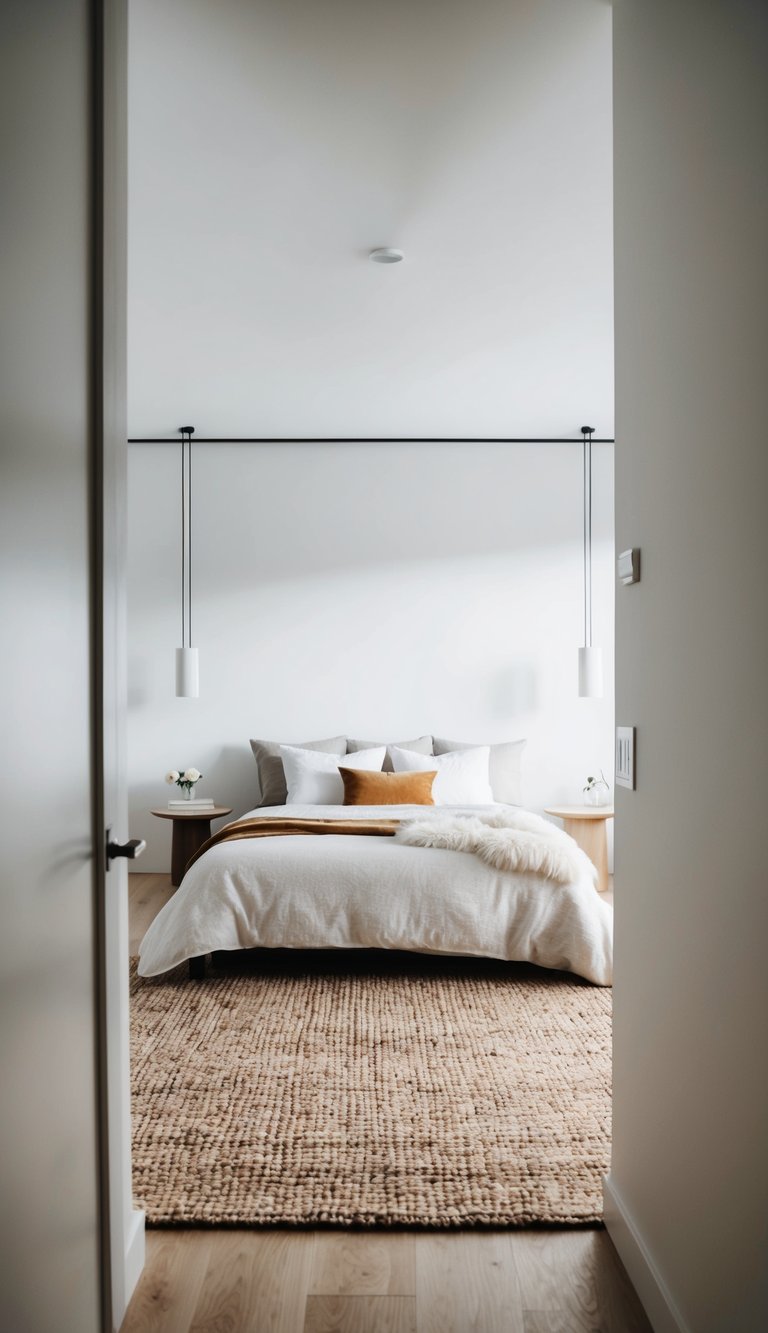 A woolen area rug lies in the center of a minimalist bedroom, surrounded by clean lines and simple decor