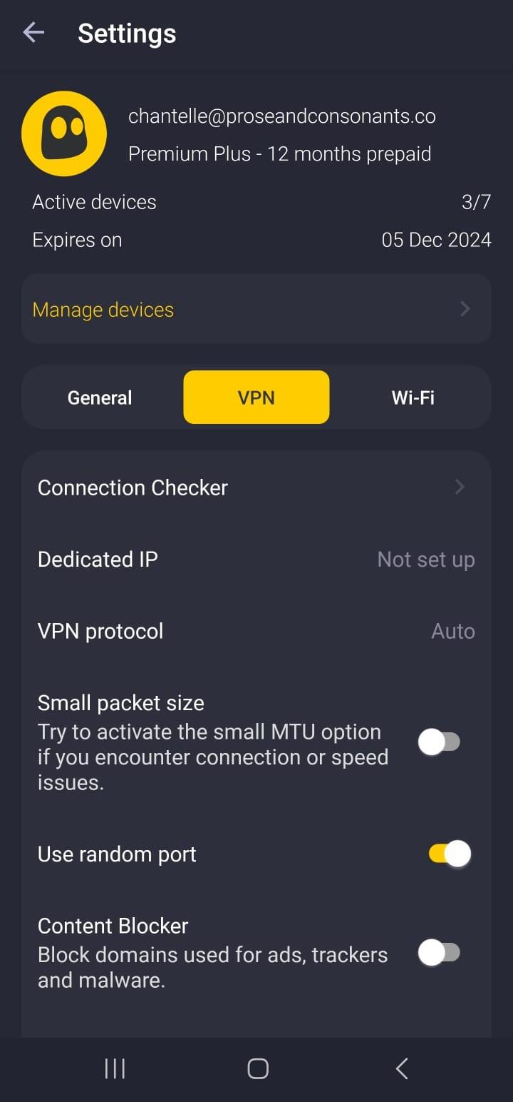 CyberGhost's Android VPN app settings