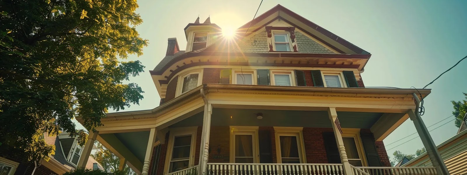 a detailed view of a cozy pennsylvania home during a bright daylight inspection, with a focus on the well-maintained exterior showcasing traditional architectural elements against a clear blue sky.