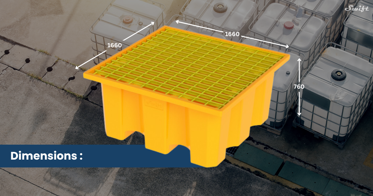 IBC spill containment pallet featuring a yellow container, FRP Top, and grated, ensuring safe handling of hazardous liquid