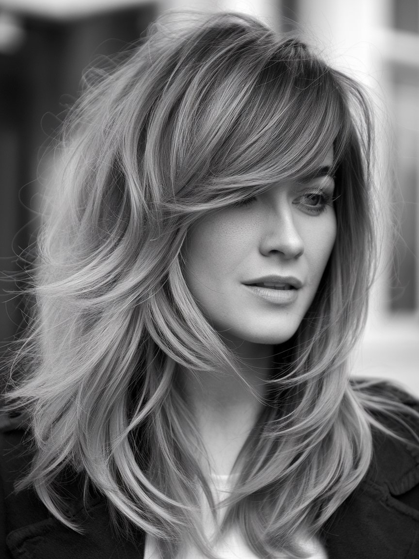 42. Layered Hair with Deep Side Part and Side Bangs