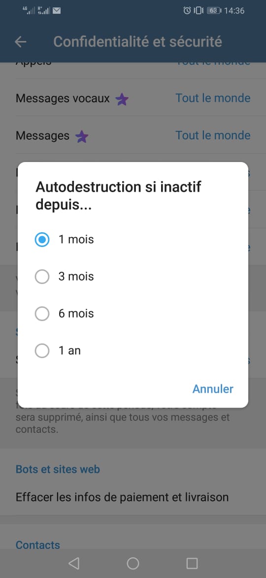 Temps de suppression d'un compte Telegram