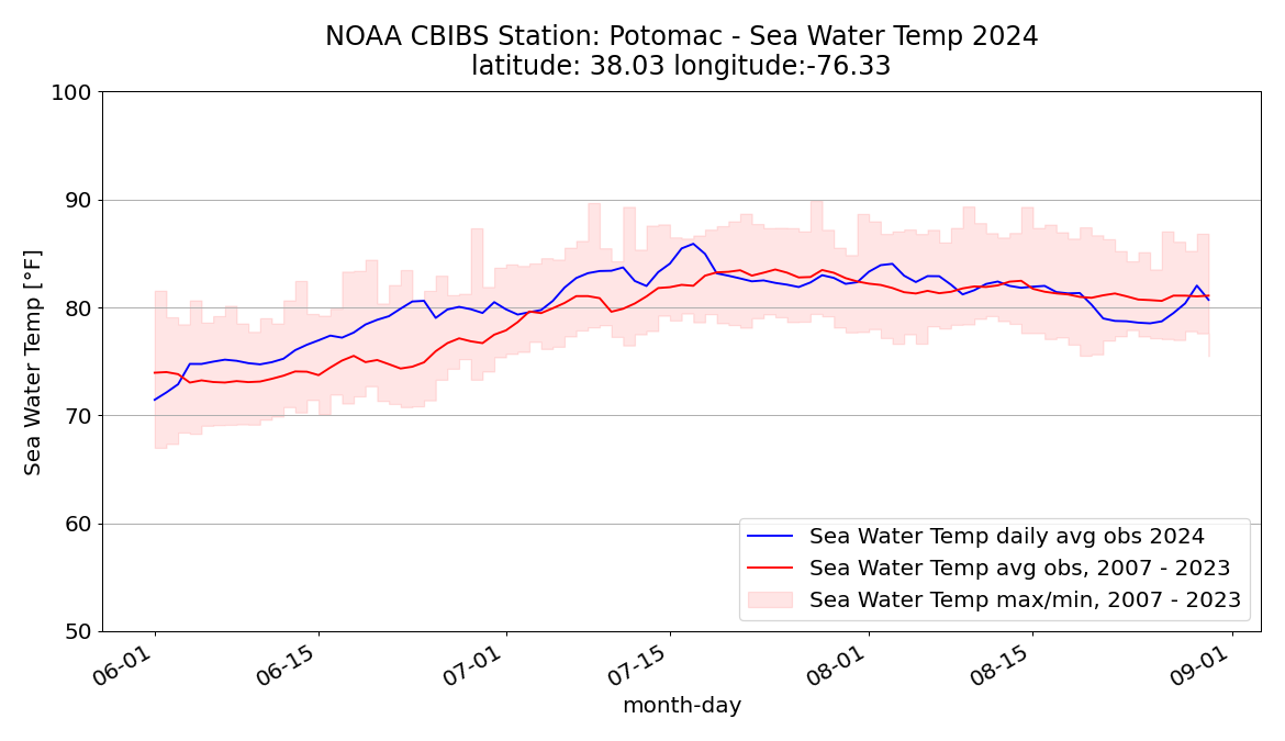 Graph of summer 2024 water temperatures at the Potomac CBIBS buoy