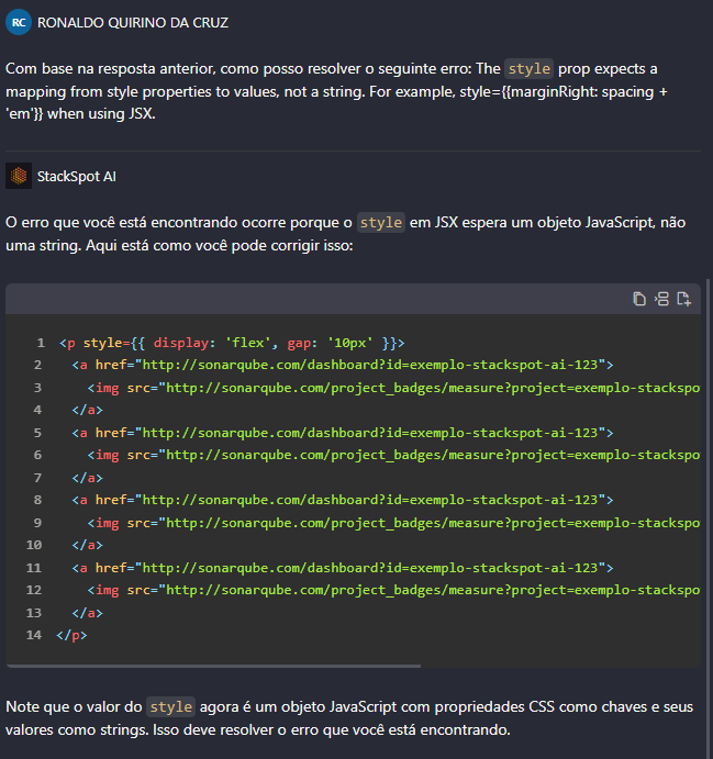 Resposta do prompt solicitando ajuda para resolver erro de estilo.