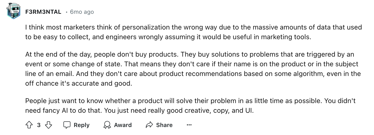 User comment on reddit on how to personalize customer experience to solve problems