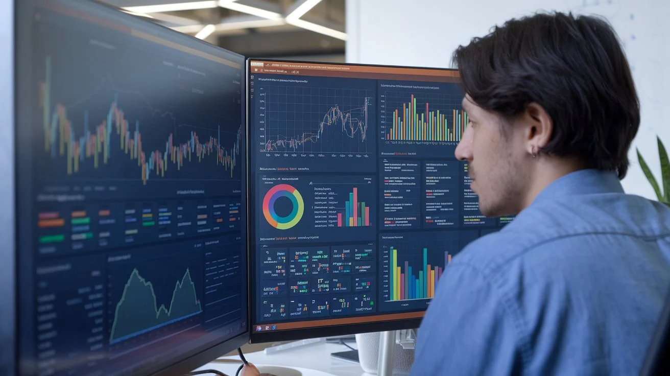 A data analyst creating visualizations using R, with a screen of charts and graphs, highlighting R’s strength in data analytics.