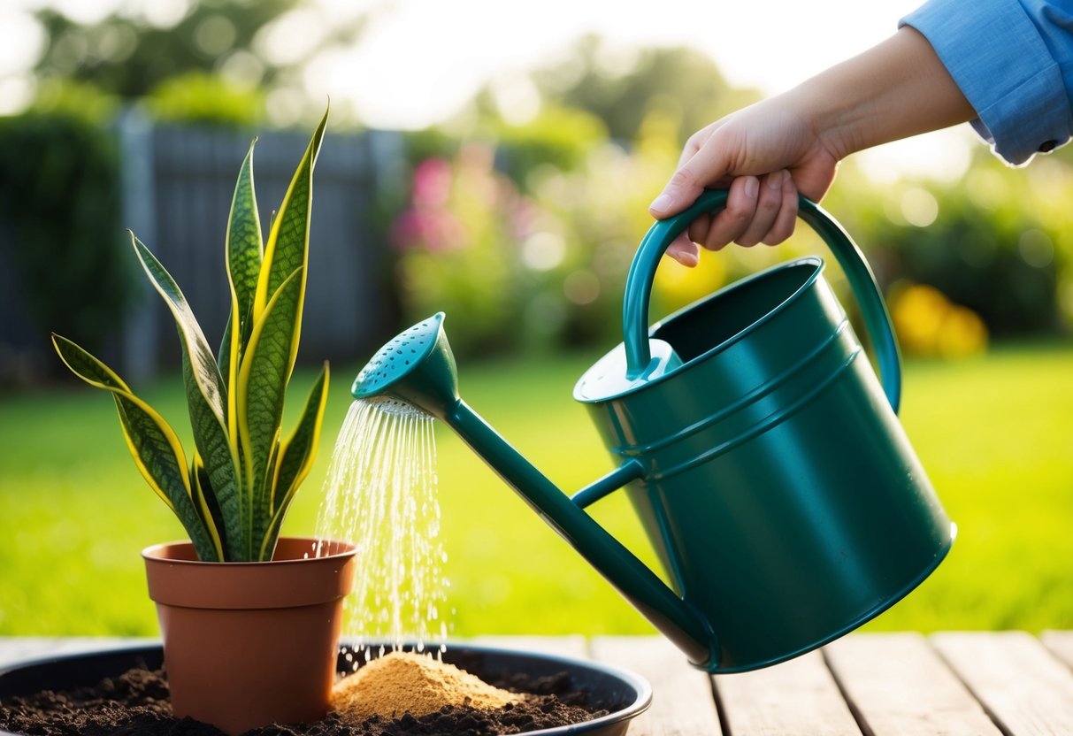 A person gently watering a snake plant with a watering can, while adding fertilizer to the soil