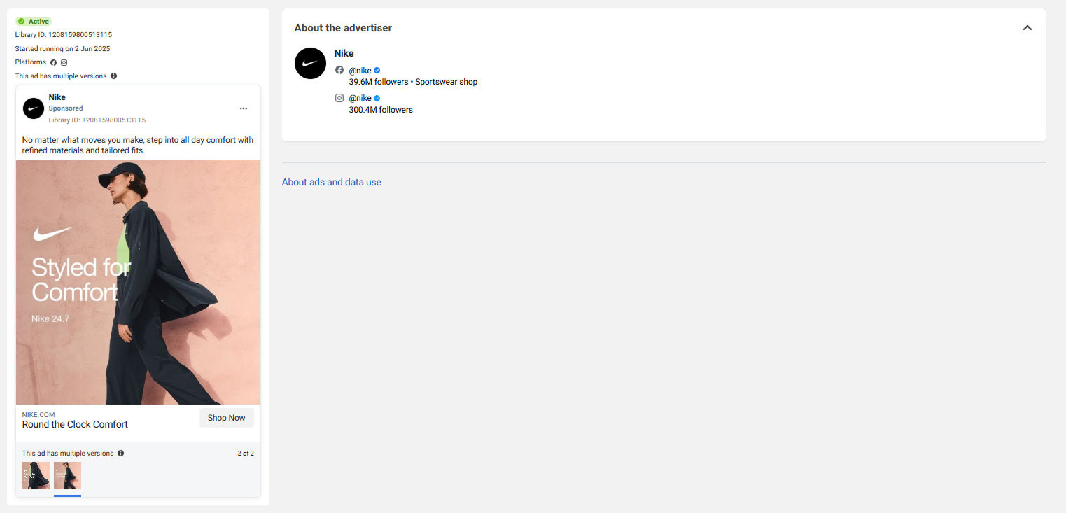 Screenshow showing how to check Facebook ad versions on Meta Ads Library 