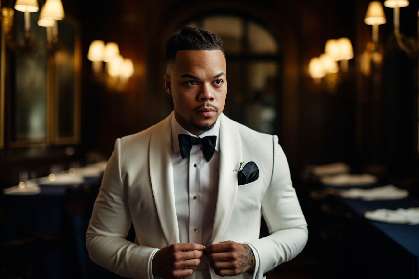 
A groom in a sharp white suit, wearing a classic white shirt. In one version, he pairs it with a black bow tie for a traditional, formal wedding look. In another, the groom wears the same white shirt with a deep blue tie, adding a pop of color while maintaining elegance. The setting is a luxurious wedding venue, with refined décor and soft lighting that highlights the groom’s sophisticated, stylish white suit ensemble