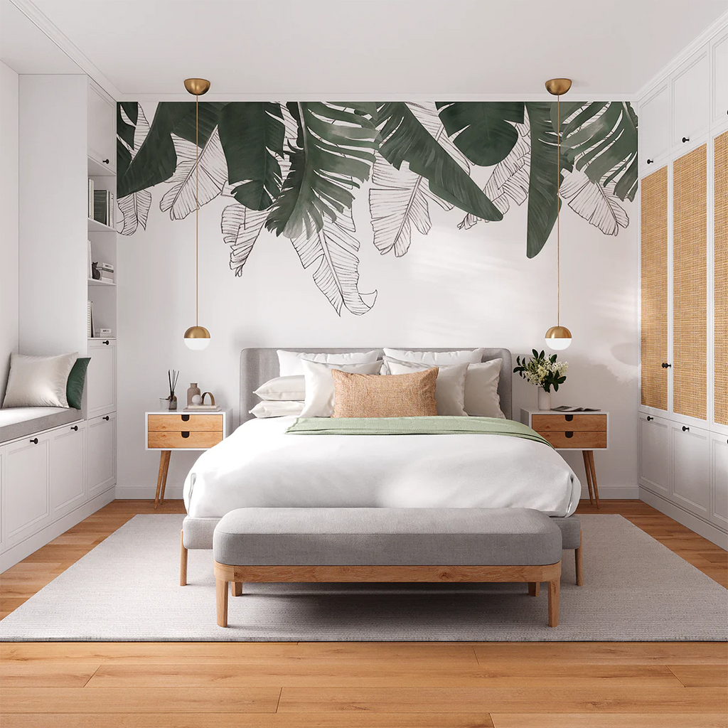 Banana Garden Wallpaper in guest room with rattan cabinet and bay window