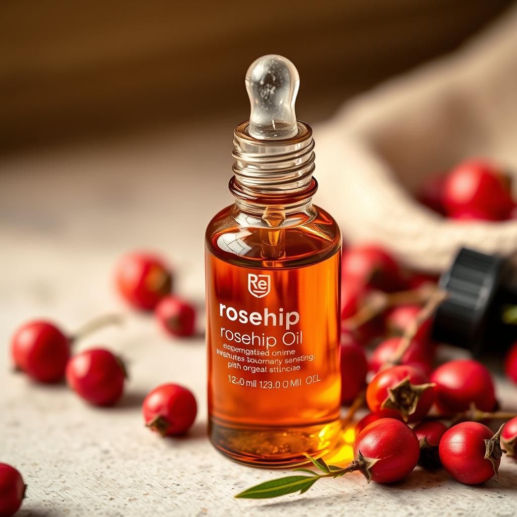 Rosehip oil for hyperpigmentation in a glass bottle with fresh rosehips